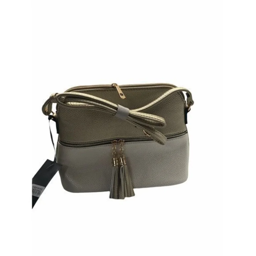 Crossbody‎ Bag Womens Gold Two Tone Tassel Faux Leather Purse